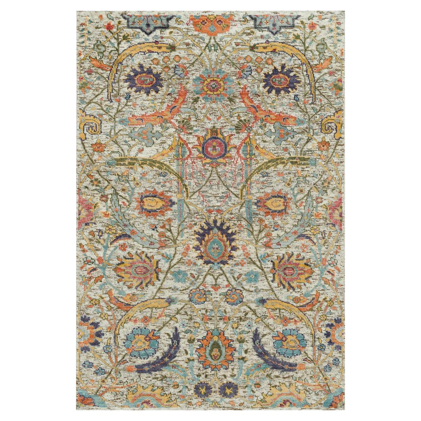 Alfombra oriental anudada a mano de lana y seda con diseño de hoja de hoz color tostado Lenox de 3'x5'