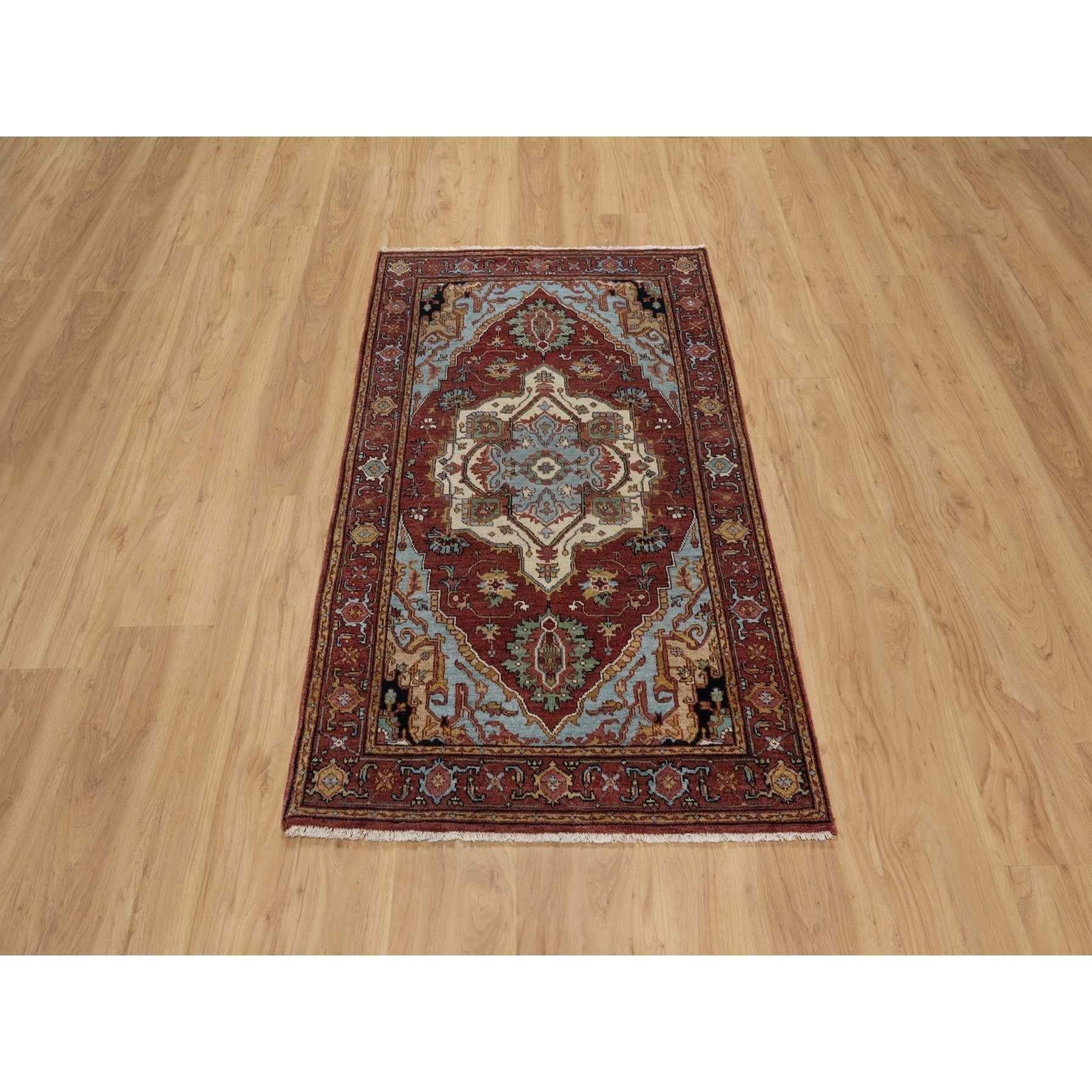 Brick Red, Antiqued Fine Heriz Re-Creation, Medallion Design, Hand Knotted, Soft Pile, Hand Spun New Zealand Wool, Vegetable Dyes, Oriental Rug
Primary materials: Wool
Latex: No Pile 
height: 0.25 Inches
Style: Traditional
Primary color: