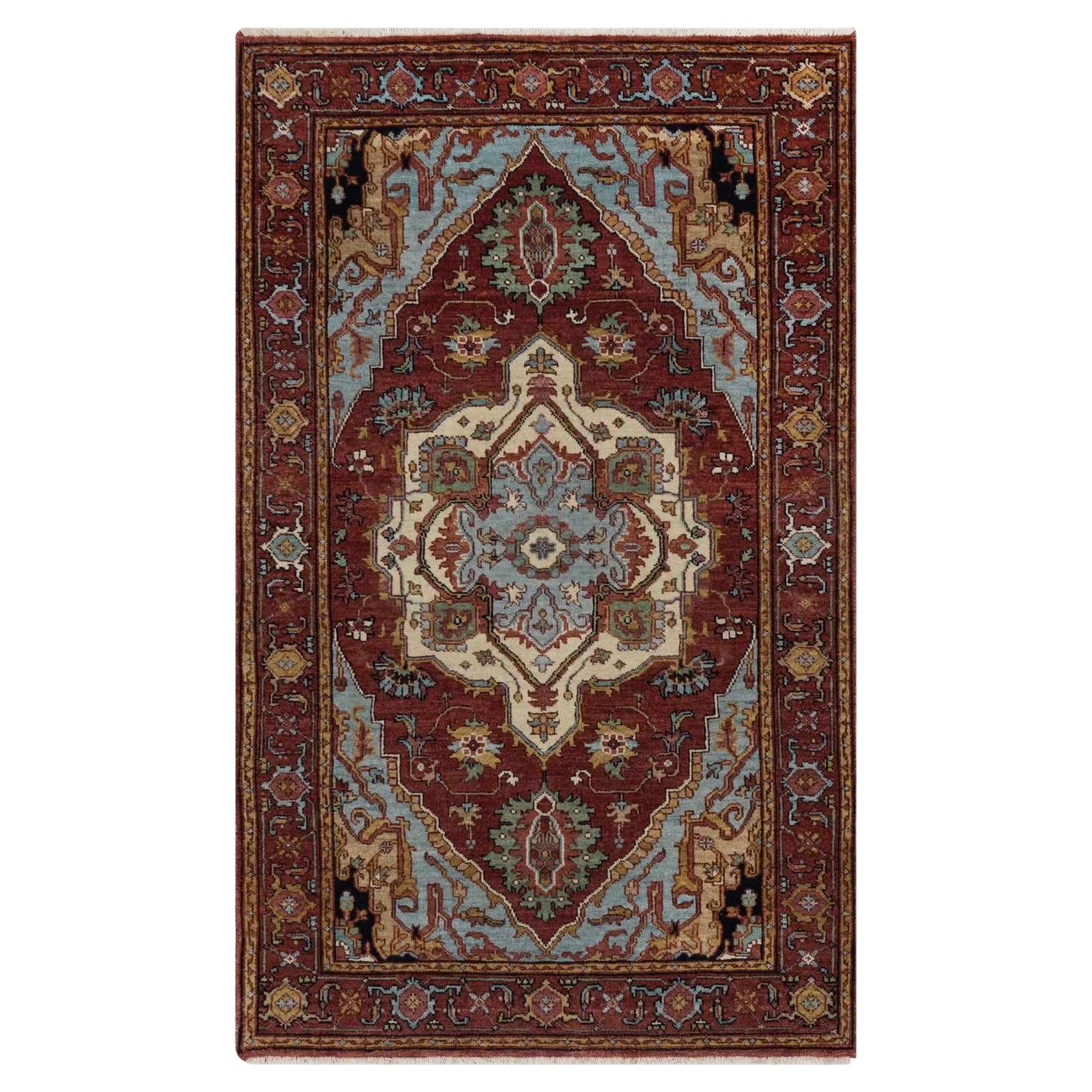 3'x5' Red Antiqued Fine Heriz Re-Creation Hand Knotted New Zealand Wool Rug