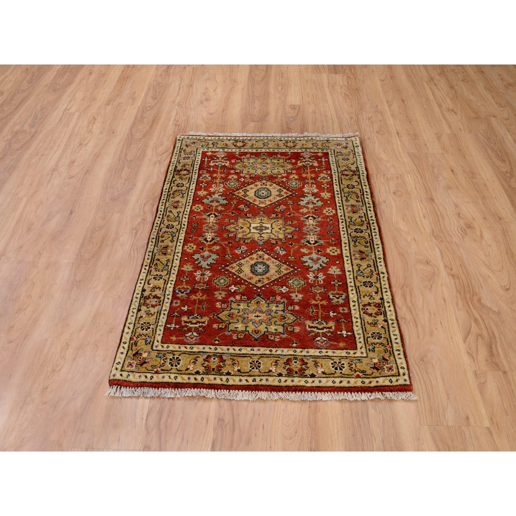 This is a truly genuine one-of-a-kind Red Pure Wool Karajeh Design Hand Knotted Oriental Rug. It has been Knotted for months and months in the centuries-old weaving craftsmanship techniques by expert artisans.
Primary materials: Wool
Latex: No Pile