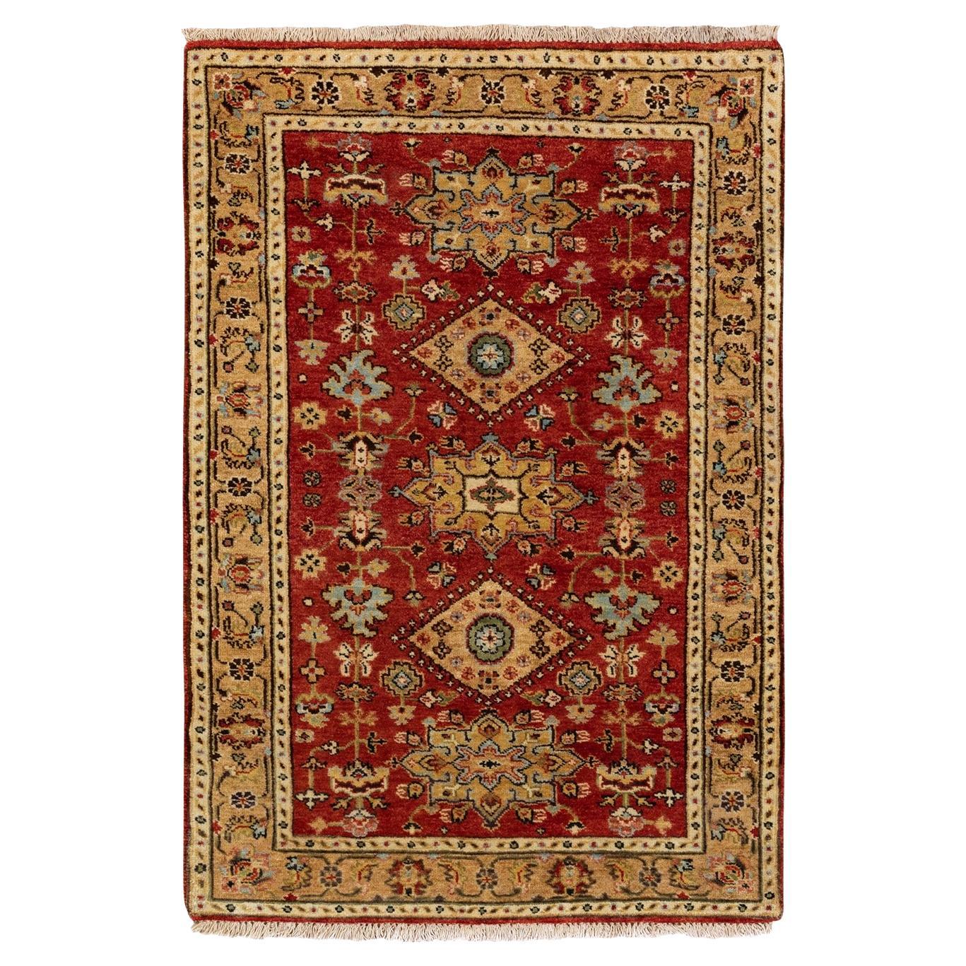 3'x5' Red Pure Wool Karajeh Design Hand Knotted Oriental Rug