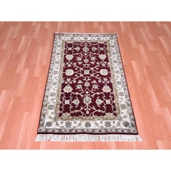 3'x5' Red, Thick and Plush, Wool and Silk, Hand Knotted, Rajasthan, Rug