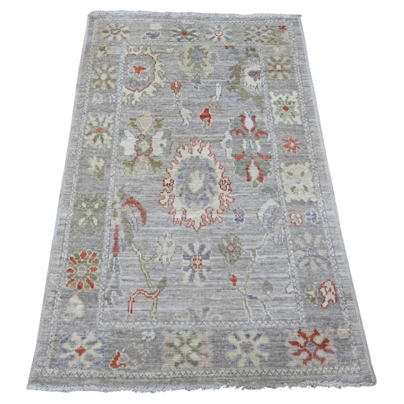 3'x5' Spanish Gray Afghan Angora Oushak Leaf Design Hand Knotted Wool Rug
