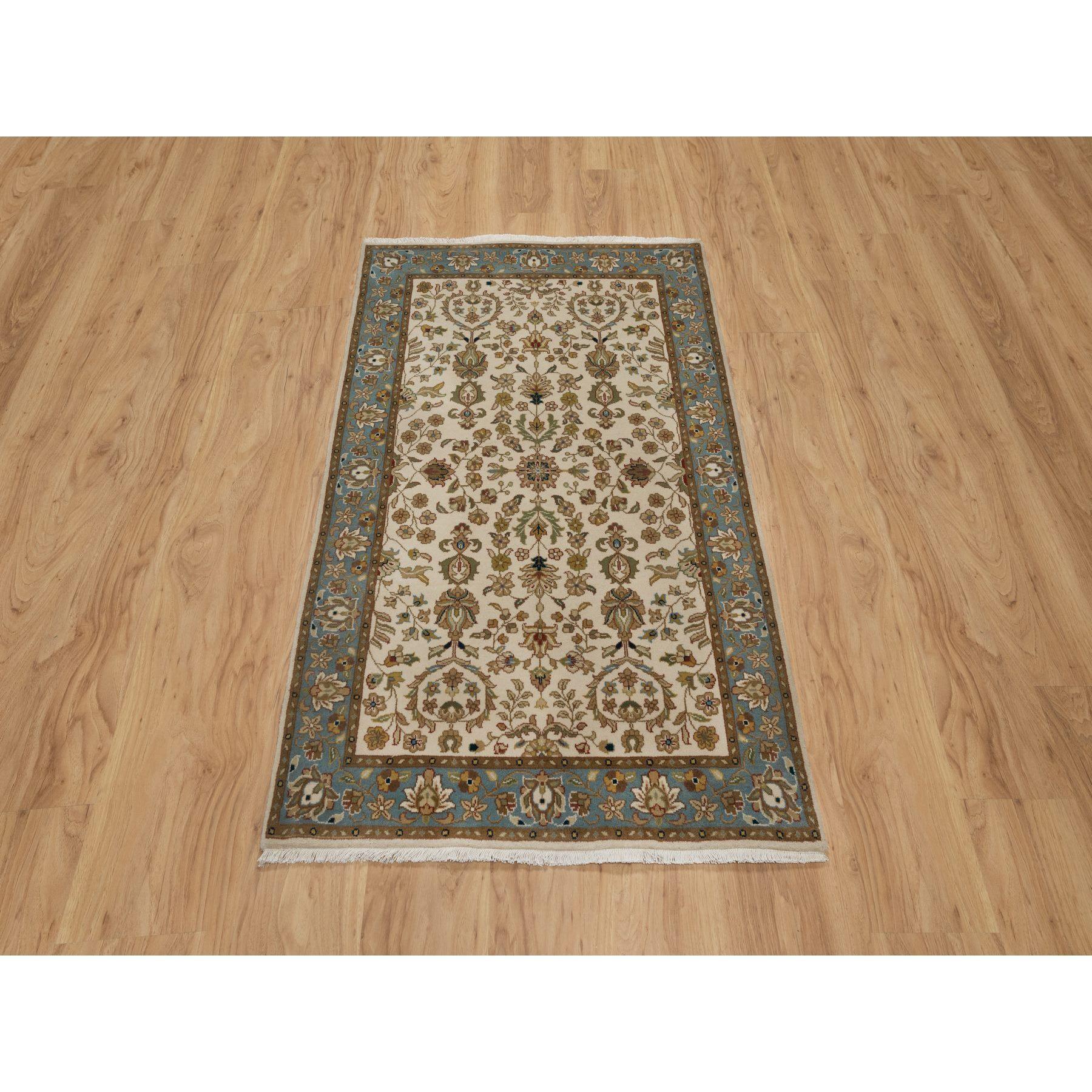 Swan White, 300 KPSI, Hand Spun New Zealand Wool, Kashan Design, Hand Knotted, Oriental Rug
Primary materials: Wool
Latex: No Pile 
height: 0.25 Inches
Style: Traditional
Primary color: Ivory
Secondary colors: Brown, Red, Green, Beige
Pattern: