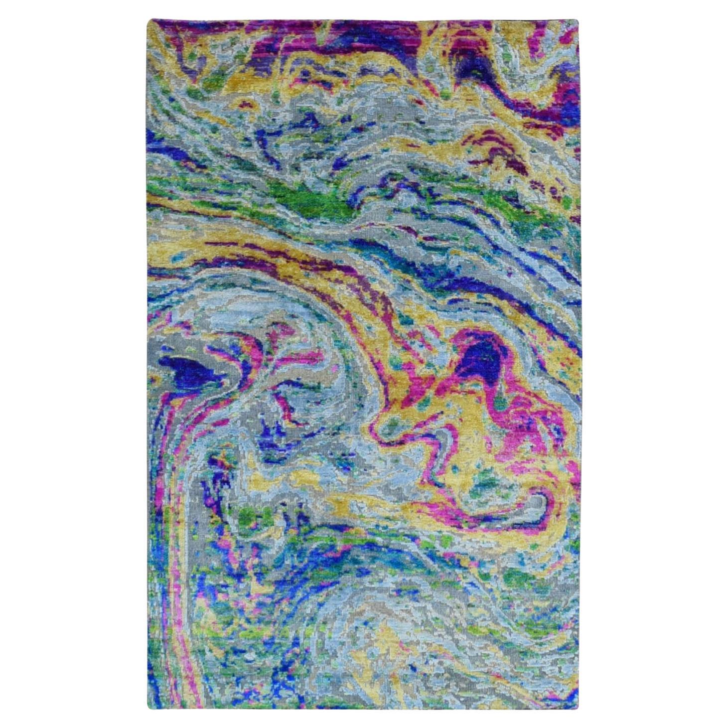 3'x5' THE LAVA Colorful Sari Silk with Textured Wool Hand Knotted Rug