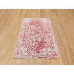 3'x5' Wool-Pure Silk Pink Broken Persian Design Hand Knotted Oriental Rug