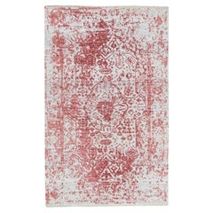 3'x5' Wool-Pure Silk Pink Broken Persian Design Hand Knotted Oriental Rug
