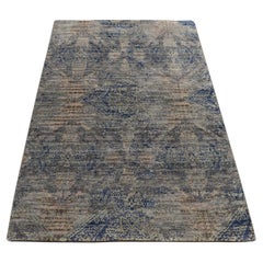 3'x5' Yale Blue Erased Rosette Design Silk with Wool Hand Knotted Rug