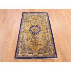 3'x5' Yellow Vintage Chinese Medallion Design Silk Hand Knotted Oriental Rug