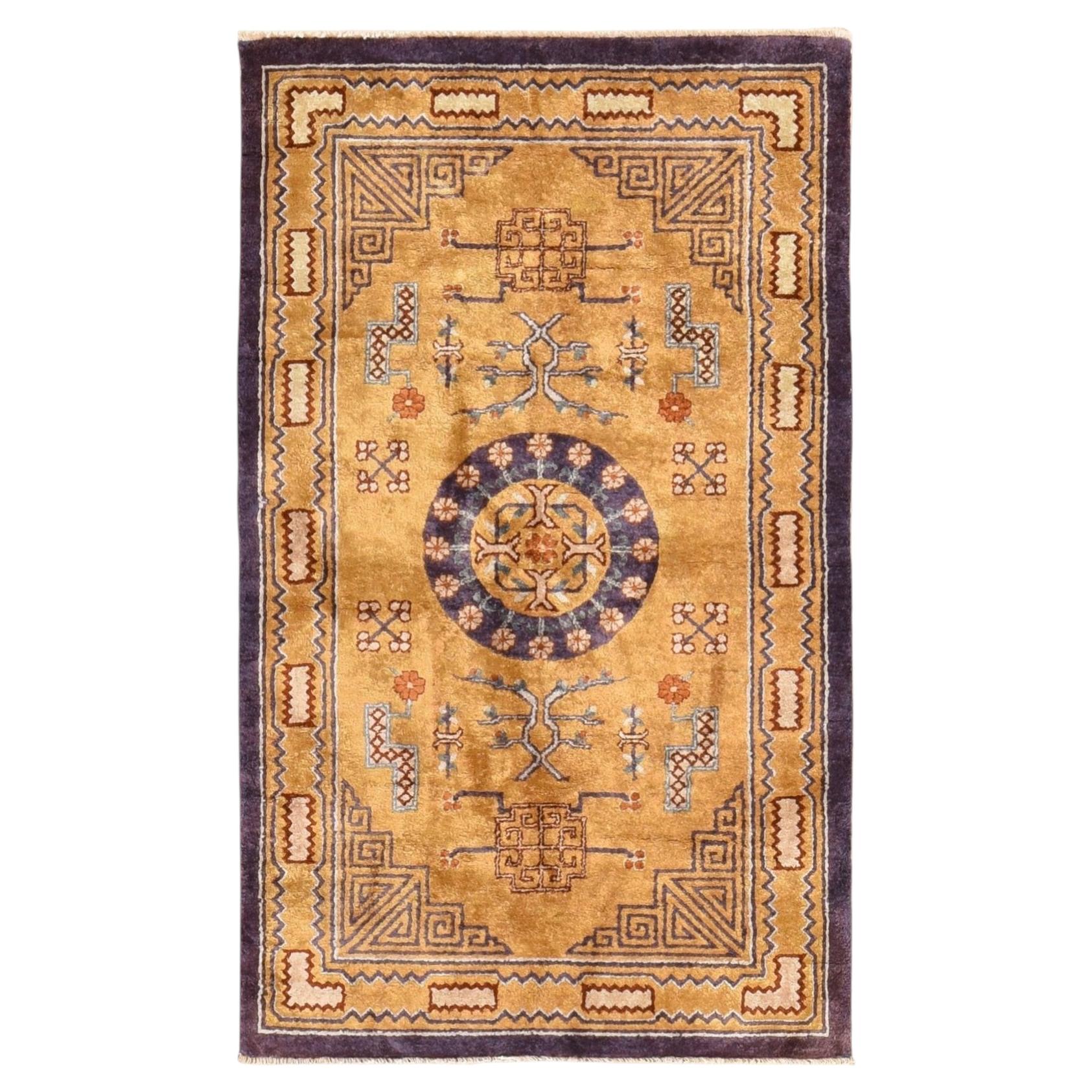 3'x5' Yellow Vintage Chinese Medallion Design Silk Hand Knotted Oriental Rug