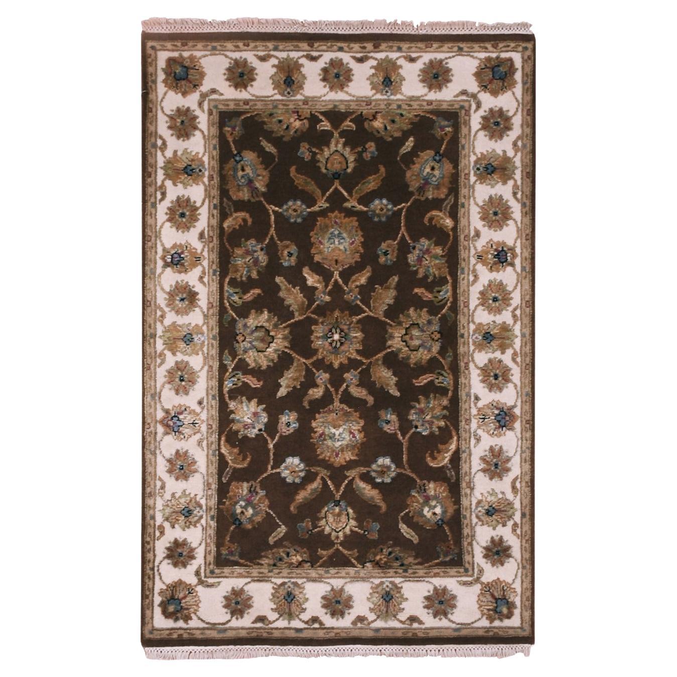 3'x5'1" Breen Brown Rajasthan Hand Knotted Design Wolle und Seide Orientteppich im Angebot