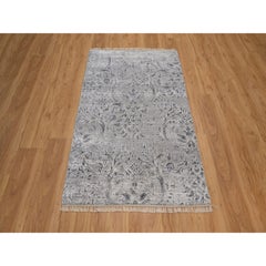 3'x5'1" Cloud Gray Hand Knotted Damask Design Tone on Tone Wool and Silk Rug