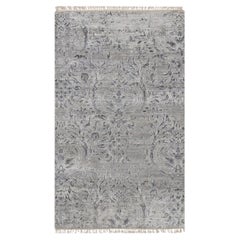 3'x5'1" Cloud Gray Hand Knotted Damask Design Tone on Tone Wool and Silk Rug