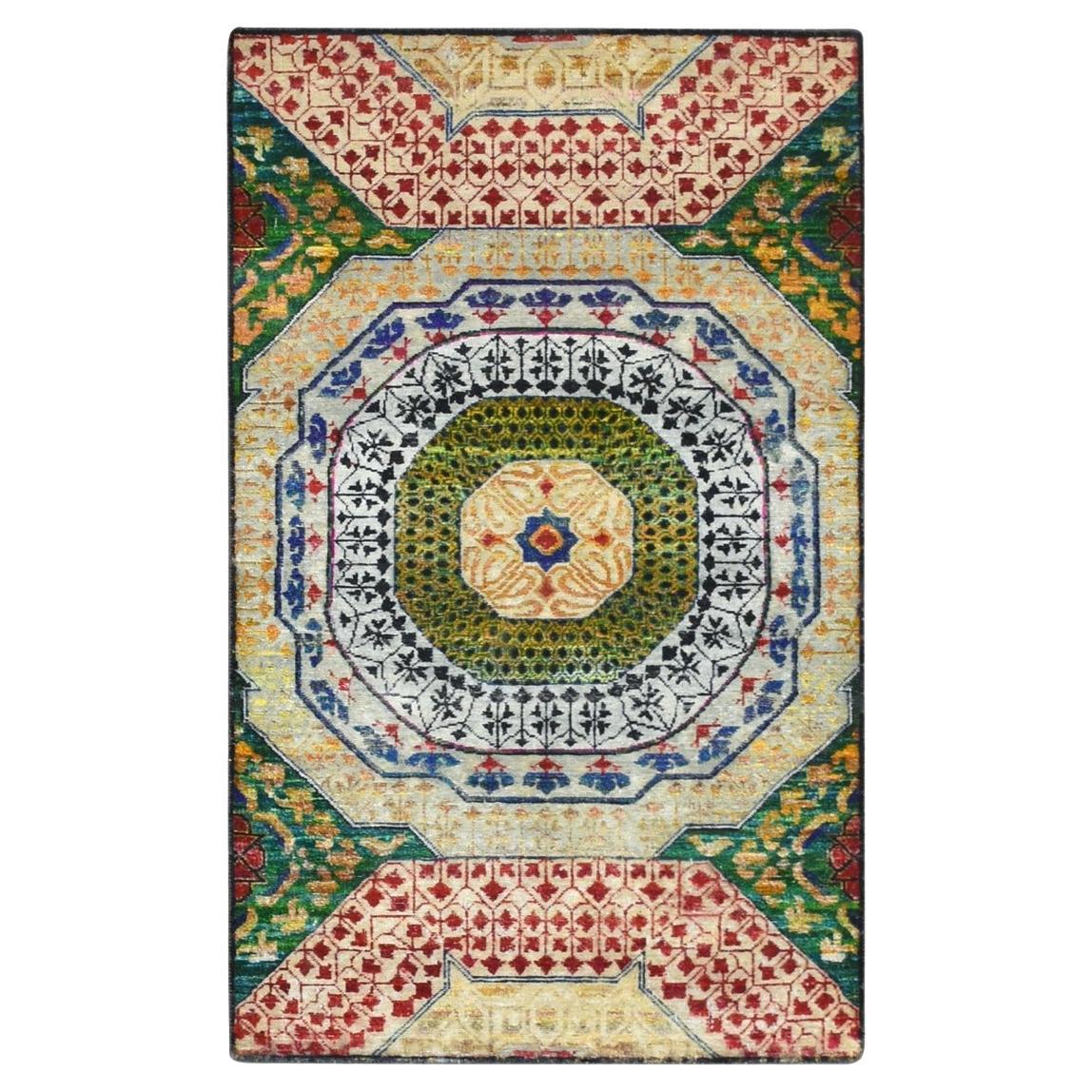 3'x5'1" Colorful Mamluk Design Sari Silk with Textured Wool Hand Knotsted Rugs (tapis noué à la main) en vente
