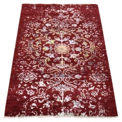 3'x5'1" Currant Red Floral Design Wool and Silk Tone on Tone Hand Knotted Rug