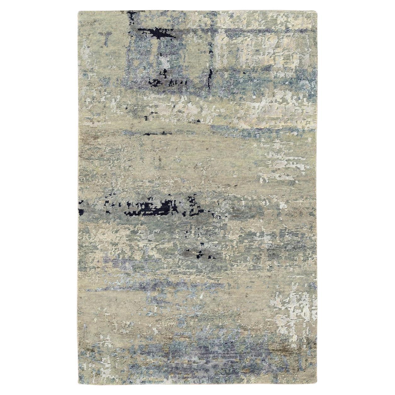 Tappeto 3'x5'1" avorio con design astratto in lana e seta annodato a mano
