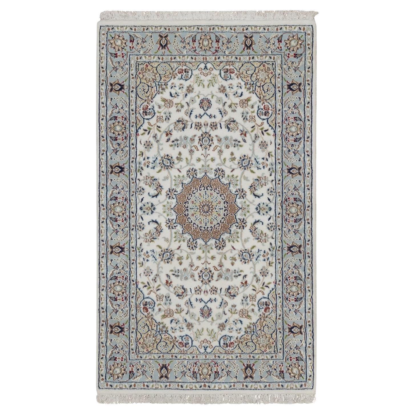 3
x5
1" Pearl White Nain with Medallion Design Wool 
Silk Hand Knotted Rug For Sale