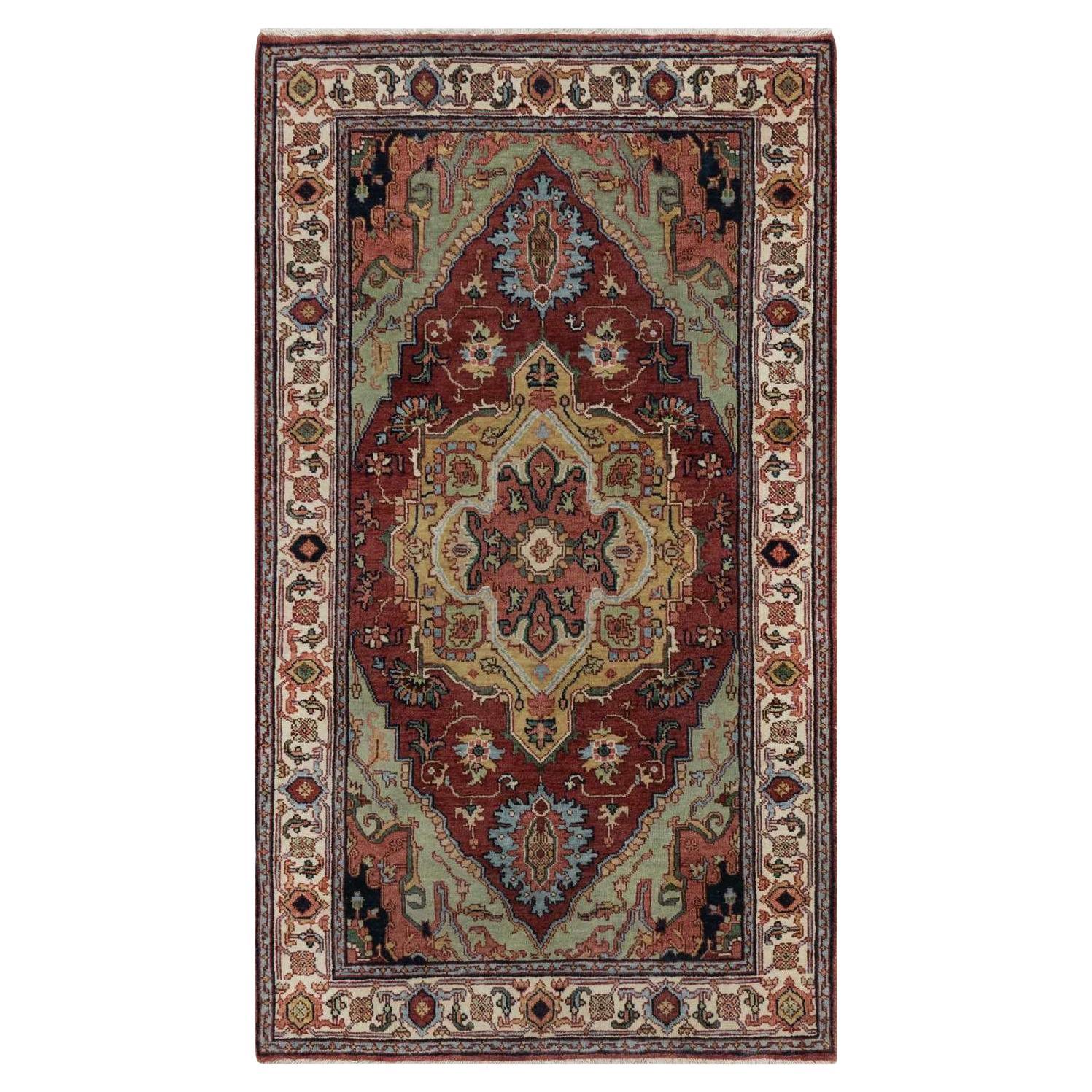 3'x5'1" Red Antiqued Heriz Re-Creation Medallion Design Hand Knotted Wool Rug