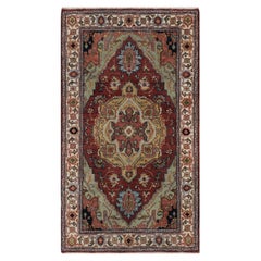 3'x5'1" Red Antiqued Heriz Re-Creation Medallion Design Hand Knotted Wool Rug