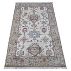 3'x5'1" Snowbound White Karjihooz Design Hand Knotted All Wool Oriental Rug