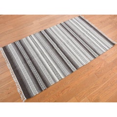 3'x5'2" Battleship Gray, Striped Reversible Kilim, Hand Woven, Flat Weave, Rug