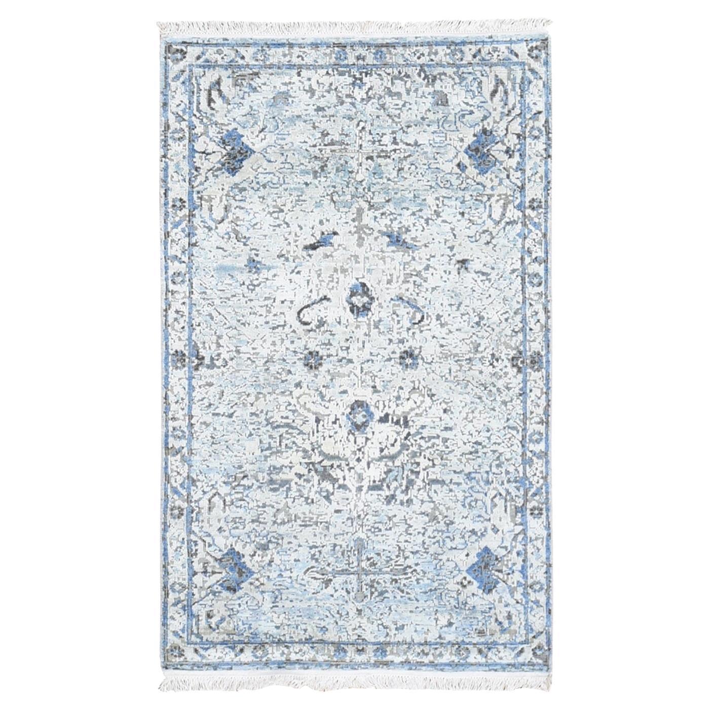 3'x5'2" Blau Reine Seide mit strukturierter Wolle Distressed Oushak Handgeknüpfter Teppich
