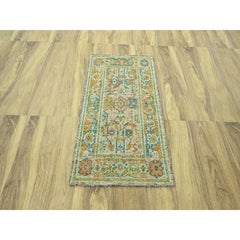 Alfombra Oushak marrón de 3'x5'2", tejida a mano con lana pura y efecto desgastado, con hilos de urdimbre a la vista