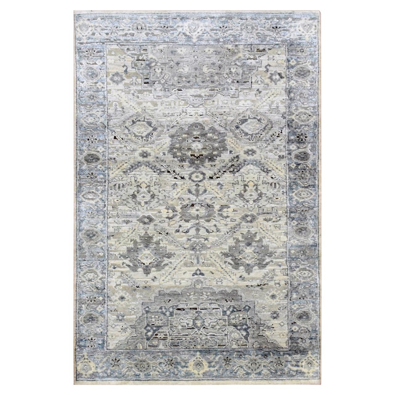 Tappeto orientale 3'x5'2" grigio annodato a mano in pura seta e lana testurizzata di Oushak