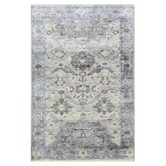 3'x5'2" Tapis oriental Oushak gris noué à la main en soie pure et laine texturée