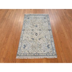 3'x5'2" Ivory and Blue Oushak Design Silk with Textured Wool Hand Knotted Rug