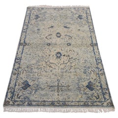 3'x5'2" Ivory and Blue Oushak Design Silk with Textured Wool Hand Knotted Rug