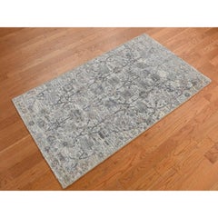 3'x5'2" Parchment White, Silk with Wool, Tabriz Vase Design, Hand Knotted Rug