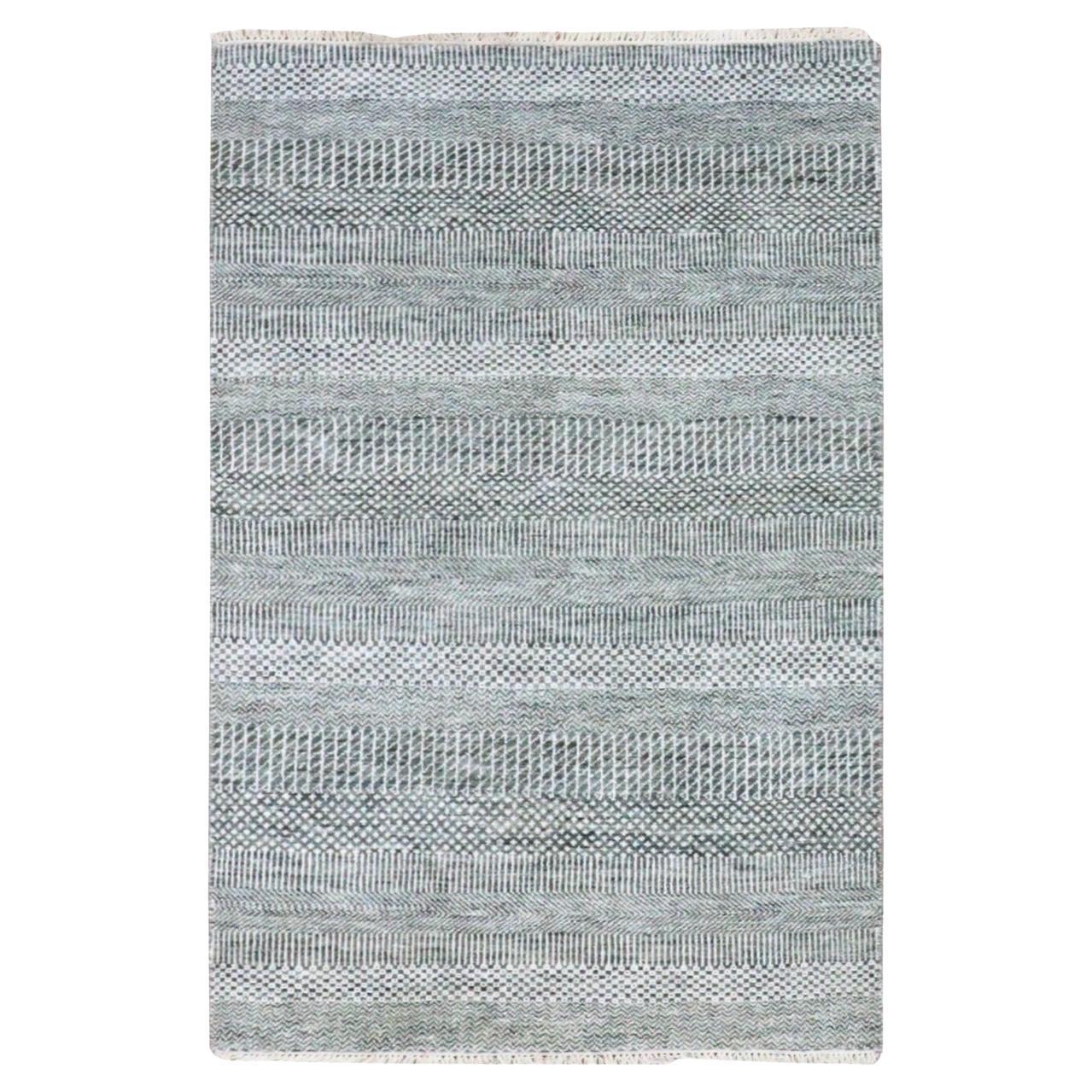 3'x5'2" Queen Blau Gefärbte Wolle und Seide Handgeknüpft Gras Design Weicher Flor Teppich