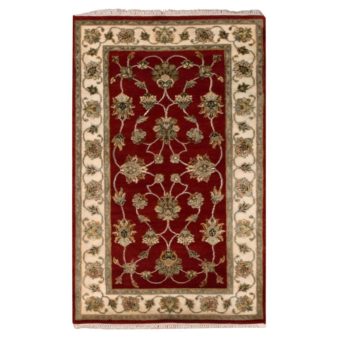 3'x5'2" Red Wool Silk Hand Knotted Thick and Plush Rajasthan Leaf Pattern Rug