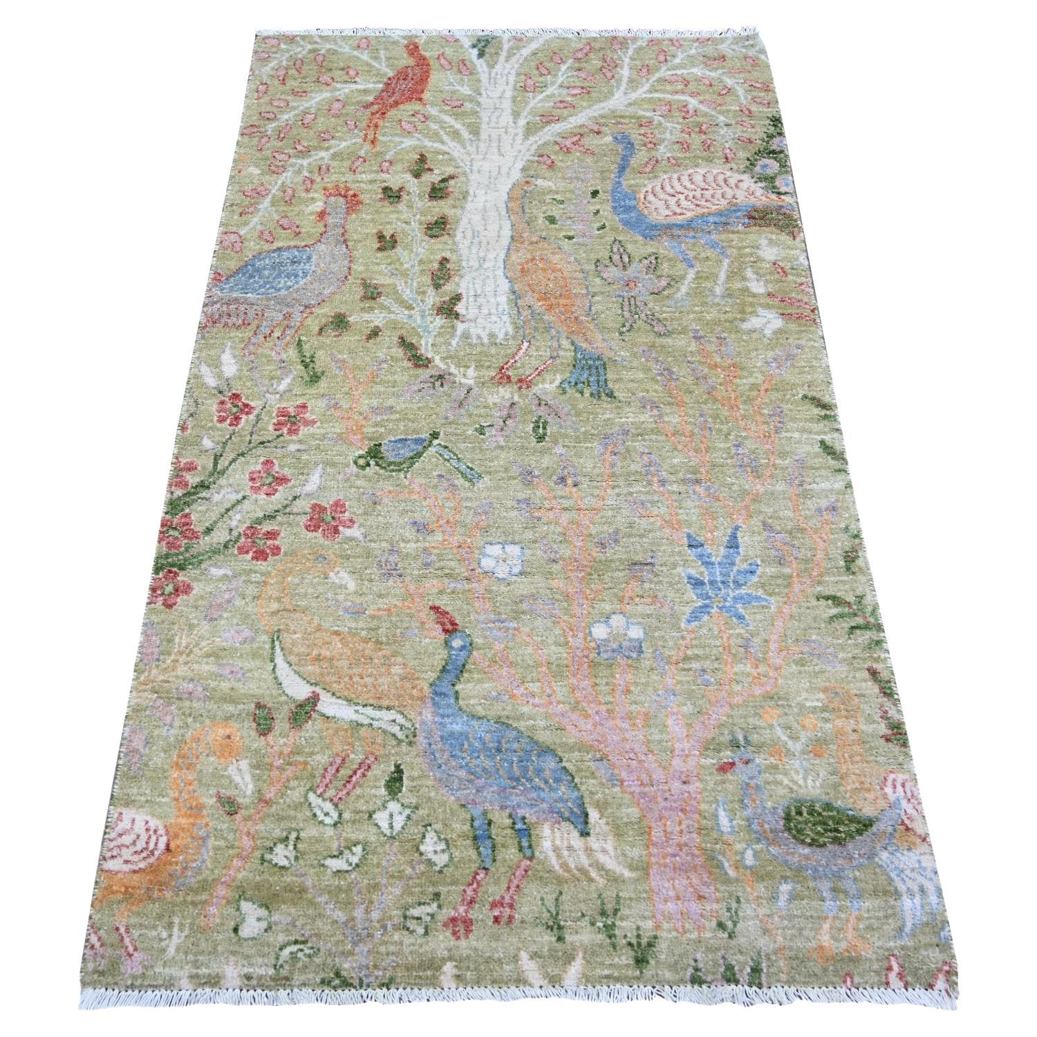 3'x5'2" Greene & Greene Green Pure Wool Hand Knotsted Afghan Peshawar Oriental Rug en vente
