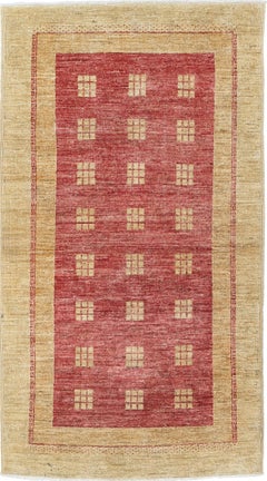 3x5.3 ft Tappeto di lana oro e rosso annodato a mano. Tappeto d'accento con motivo geometrico