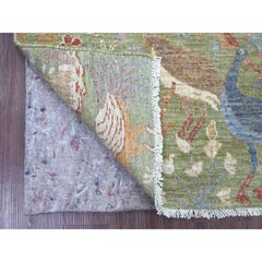 3'x5'3" Green Peshawar Birds of Paradise Design Hand Knotted Wool Oriental Rug