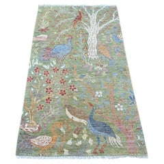 3'x5'3" Green Peshawar Birds of Paradise Design Hand Knotted Wool Oriental Rug