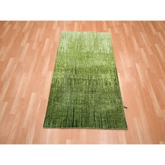 3'x5'3" Shades of Green Vertical Ombre Design Hand Knotted Soft Wool Rug