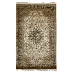 Alfombra Oriental Anudada a Mano con Diseño Medallón Intrincado de Pura Seda Marfil 3'x5'5