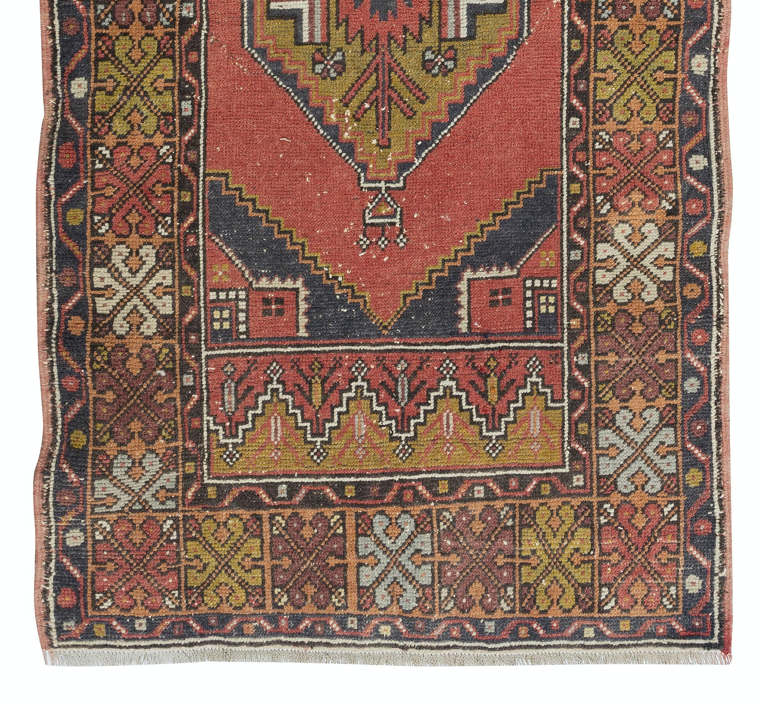 Hand-Knotted 3x5.6 Ft Nice Handmade Midcentury Turkish Oriental Wool Rug with Tribal Style For Sale