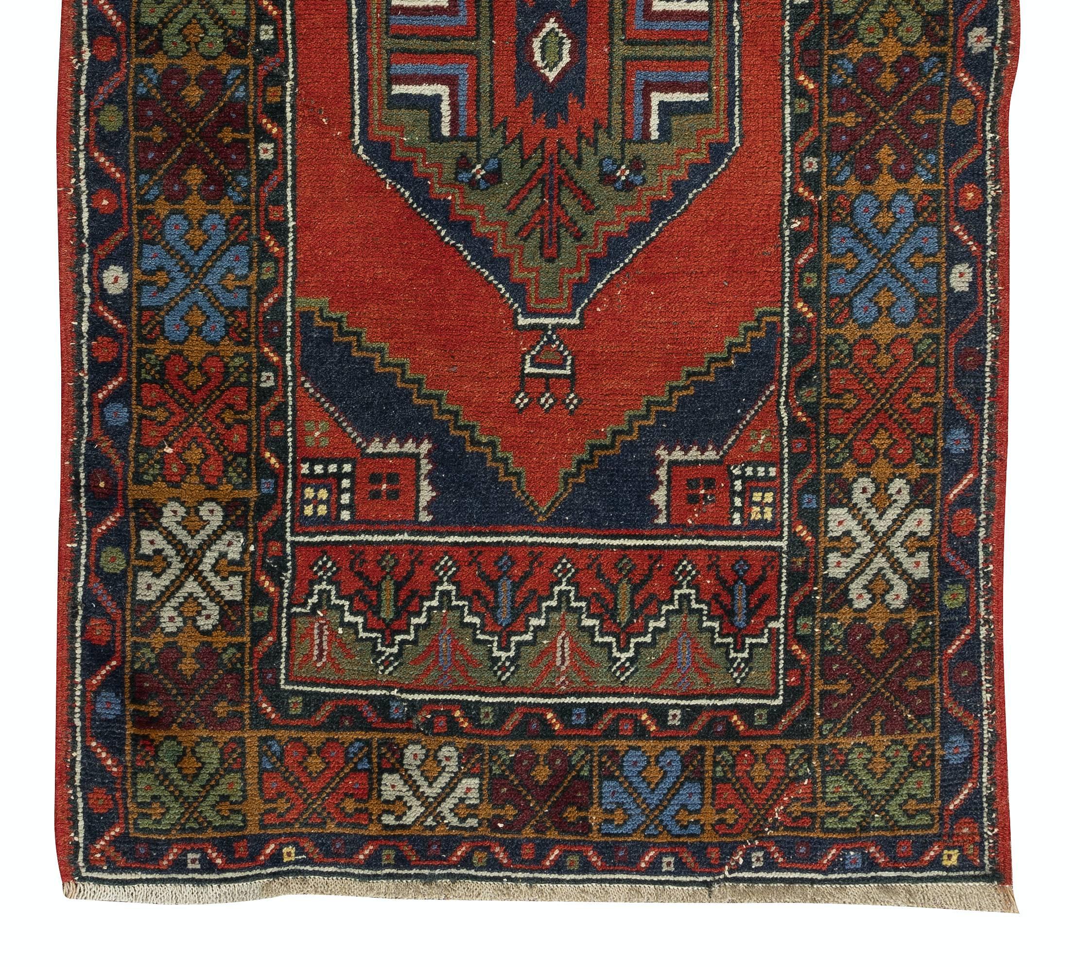 Turkish 3x5.6 Ft Vintage Oriental Accent Rug, Handmade Wool Carpet with Tribal Style For Sale