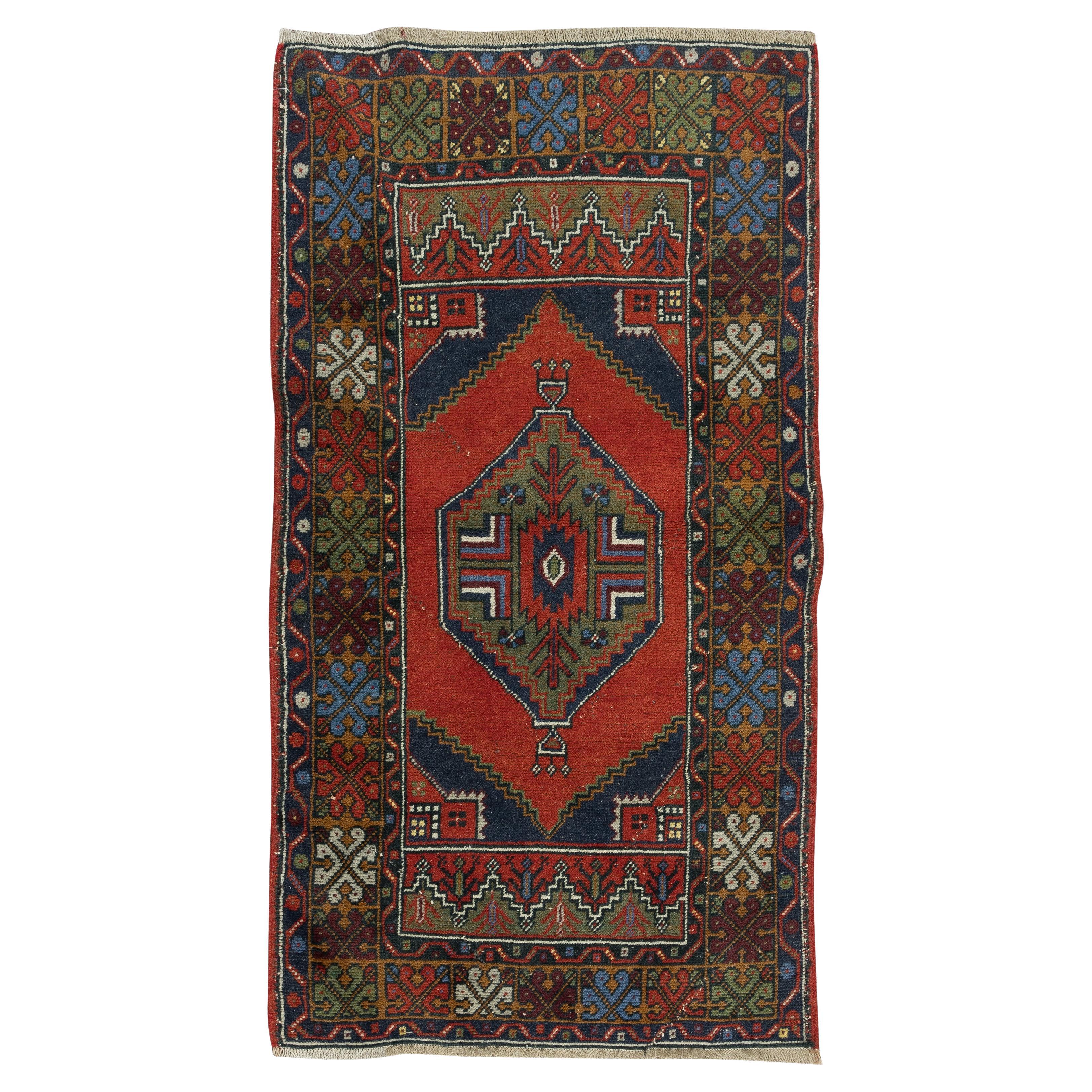 3x5.6 Ft Vintage Oriental Accent Rug, Handmade Wool Carpet with Tribal Style For Sale