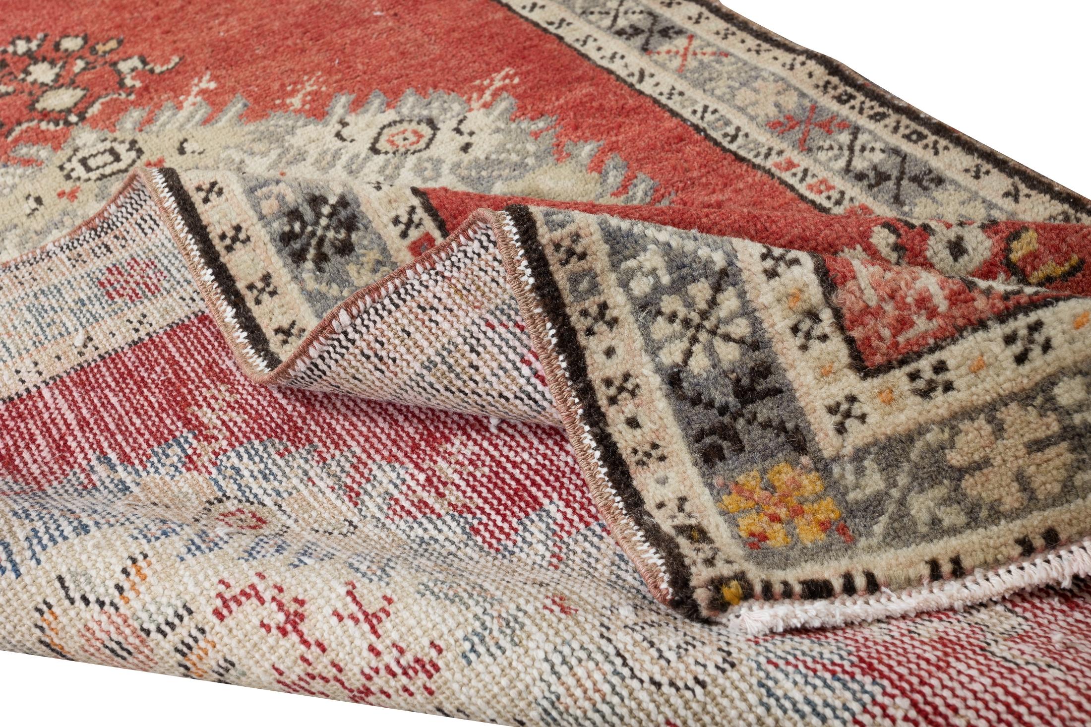 Rustic 3x5.7 Ft Traditional Vintage Turkish Handmade Rug in Red with Medallion Design For Sale