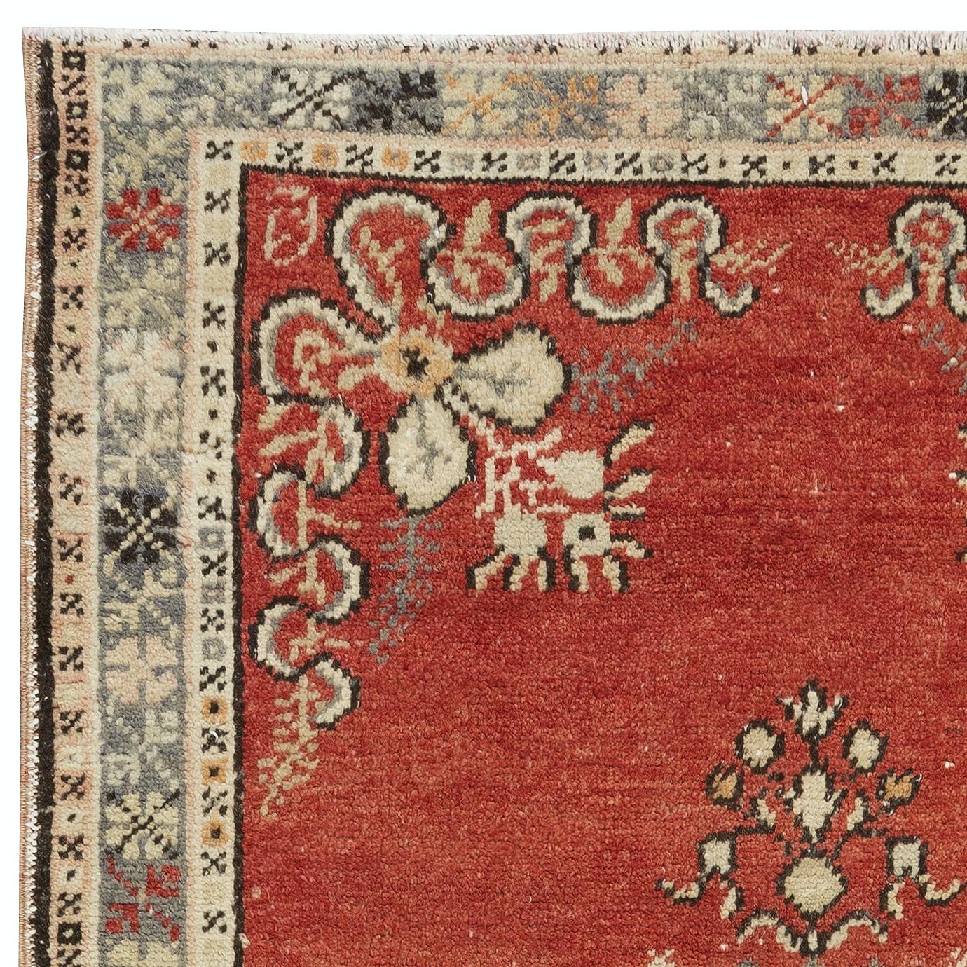 Hand-Woven 3x5.7 Ft Traditional Vintage Turkish Handmade Rug in Red with Medallion Design For Sale