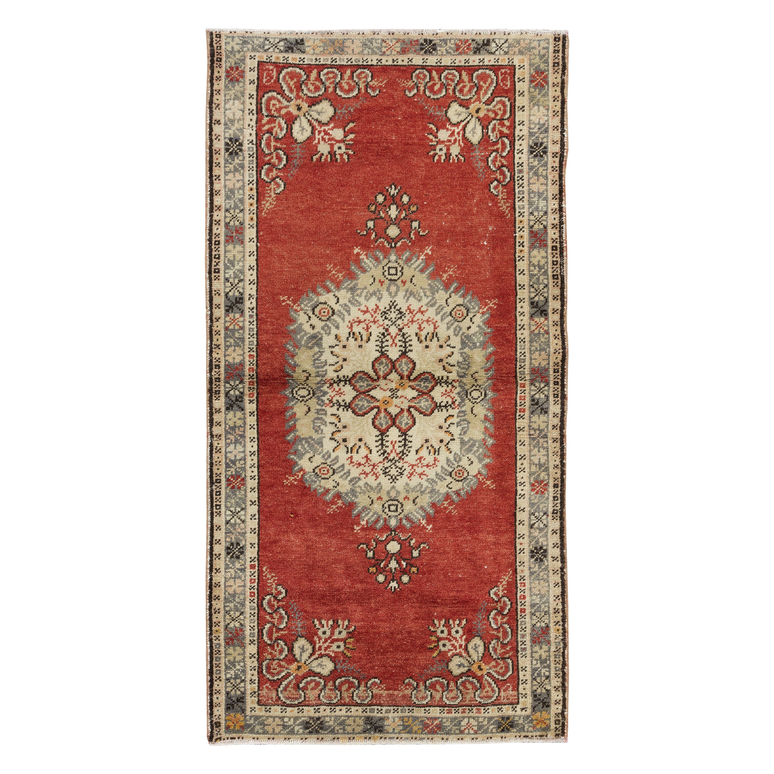 3x5.7 Ft Traditioneller türkischer handgefertigter Vintage-Teppich in Rot mit Medaillon-Design
