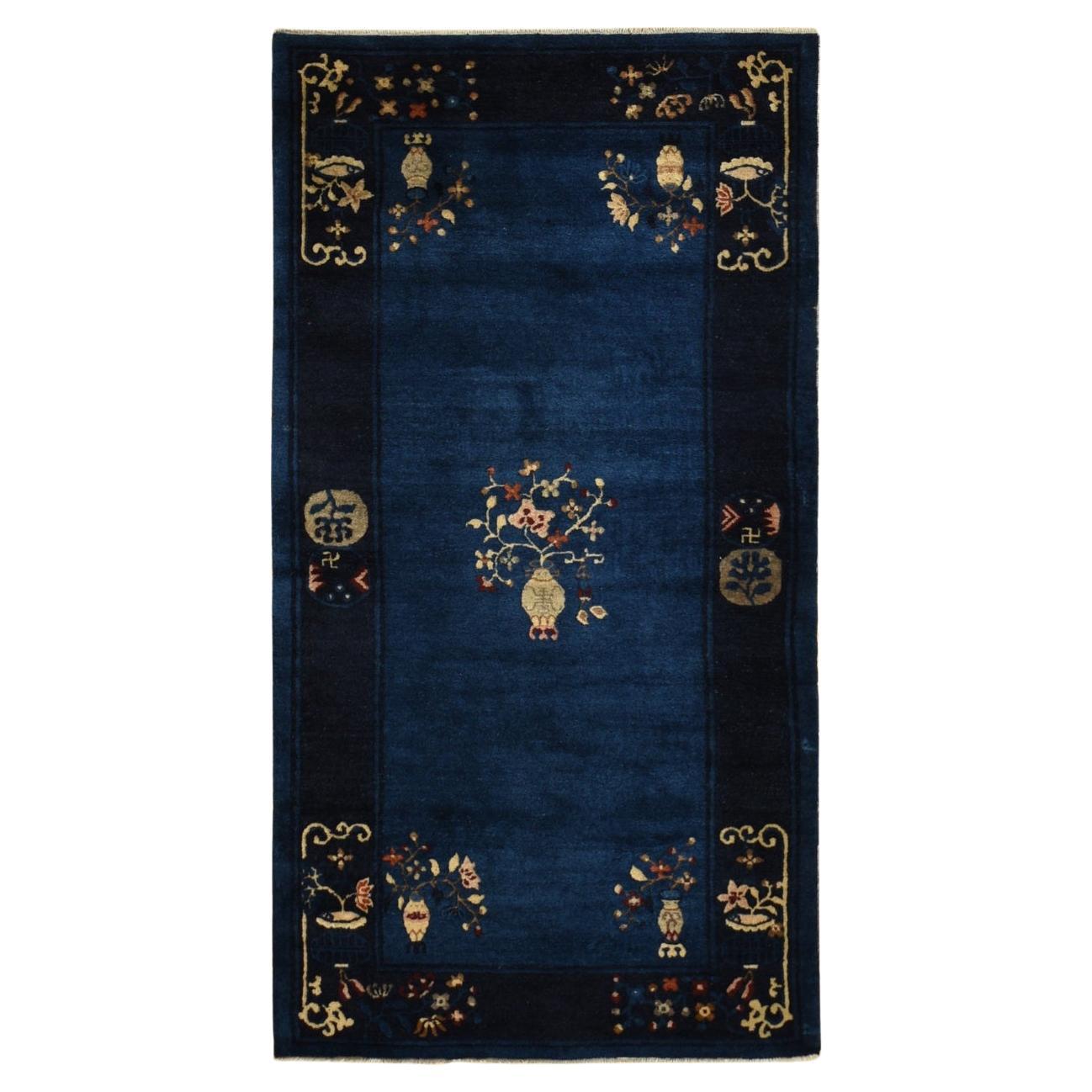 3'x5'8" Großer antiker chinesischer Pekinger reiner, handgeknüpfter, sauberer Teppich aus reiner Wolle, Dipper Blue im Angebot