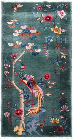 3x6 Antique Art Deco Chinese Rug Blue Tree of Life Bird Tapestry 92x178cm C.1920