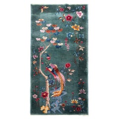 3x6 Antique Art Deco Chinese Rug Blue Tree of Life Bird Tapestry 92x178cm C.1920
