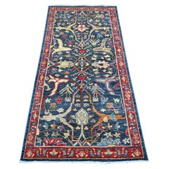 3'x6' Blau Peshawar mit Bijar Garus Design Handgeknüpfter Wollteppich Läufer